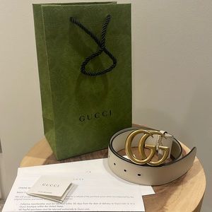 Gucci Marmont White leather belt antique brass double G buckle - 75 cm